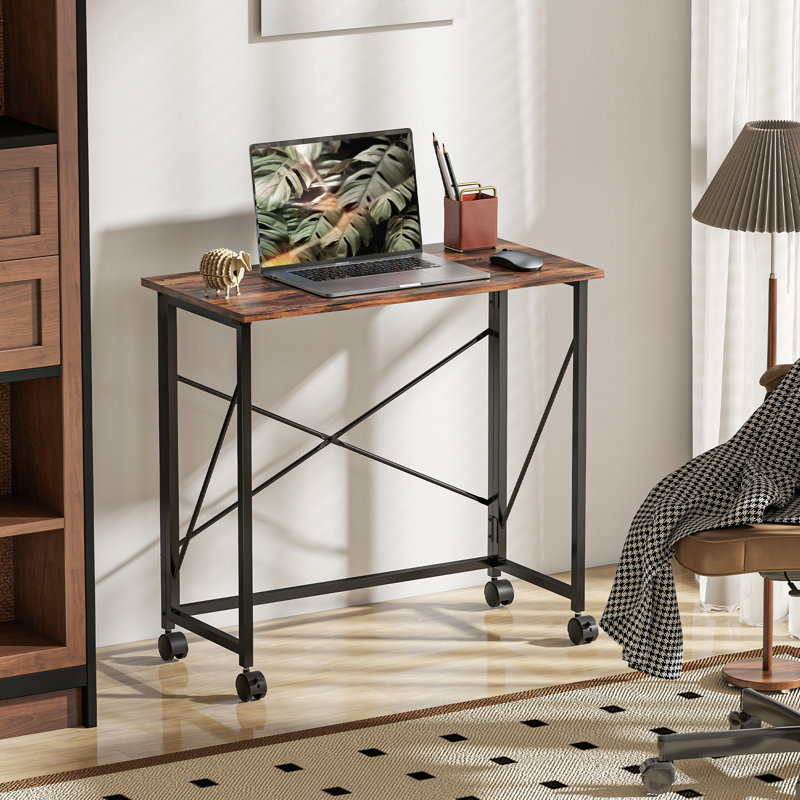 HOMCOM Small Folding Desk, 80 cm on Wheels for Small, Rustic Brown/Black
