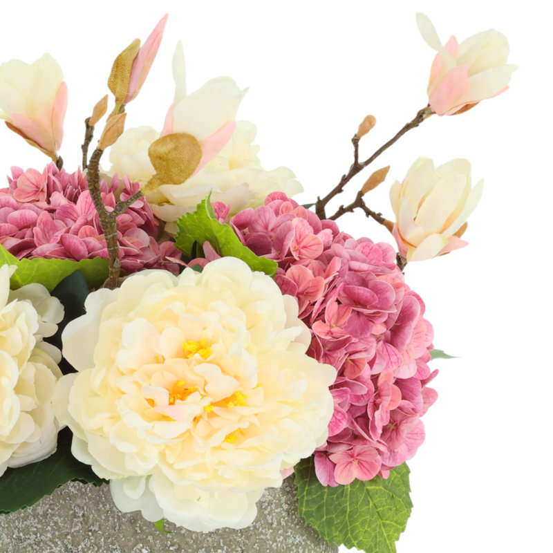 Peonies and Hydrangeas Arranged in a Stone Pot with Butterfly Magnolias