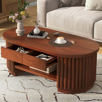 Mid-Century Modern Fluted Oval Coffee Table with Multi-Storage Drawers and Tempered Glass Top