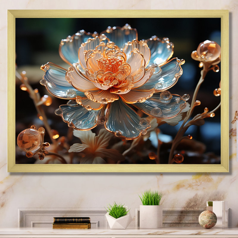 Fleur de pêche cristal I - art mural floral, H 16 po x l 32 po x P 1 po, Cadre doré à une seule photo
