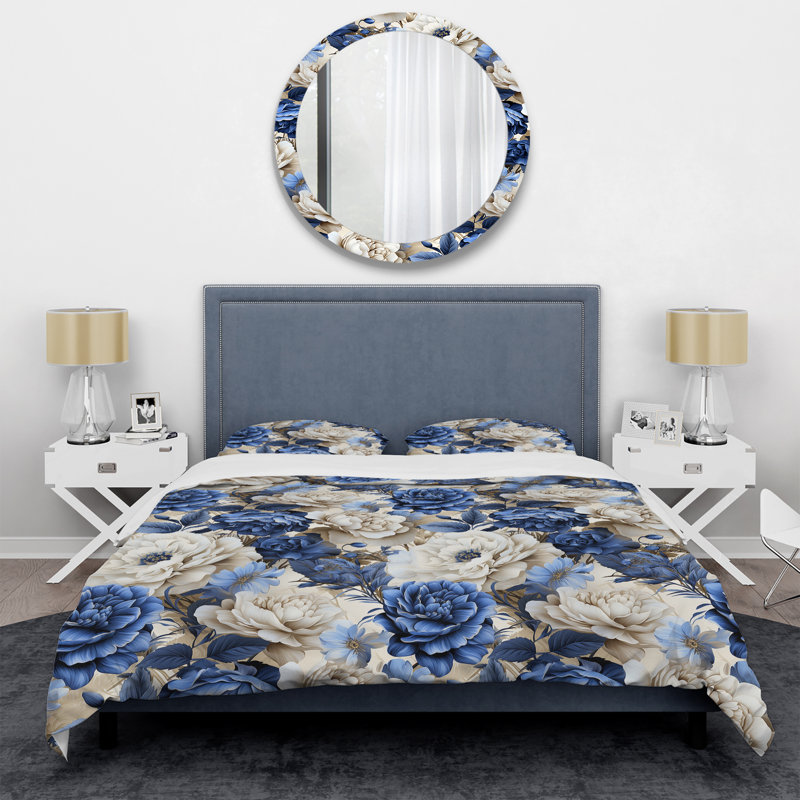 Ensemble de housse de couette à motif victorien Blue Renaissance Roses, Housse de couette pour très grand lit et 2 très