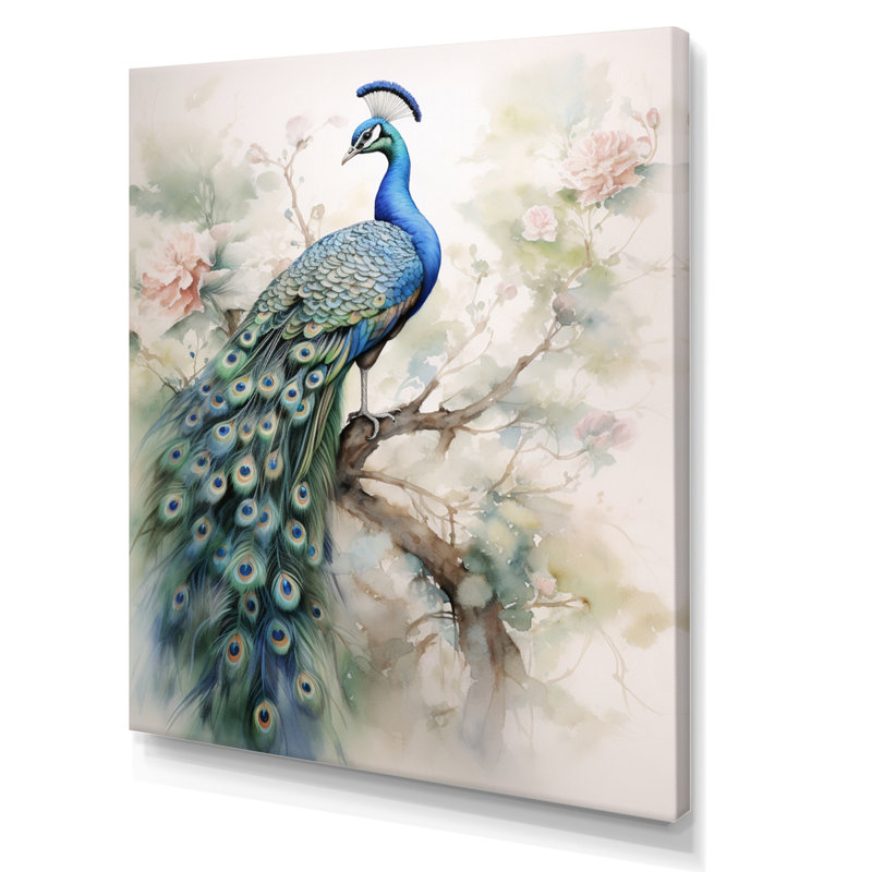 Baldassarre Blue Ink Wash Peacock II Framed On Canvas Print, 44" H x 34" W, Wrapped Canvas