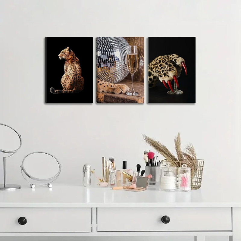 3 pièces léopard, art mural, impressions de léopard, œuvre d'art, boule disco moderne, griffes, décoration murale, salon, chambre à coucher, filles, bureau, décoration de la maison, 16 x 24 po