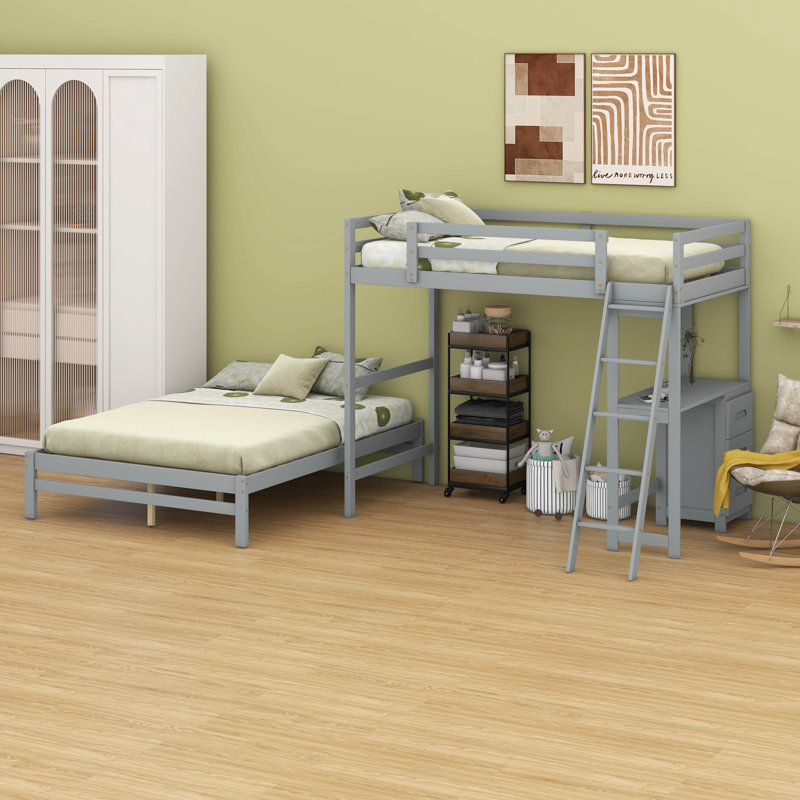 Lit superposé simple au-dessus de double en bois massif avec bureau intégré, 3 tiroirs et garde-corps, Gris