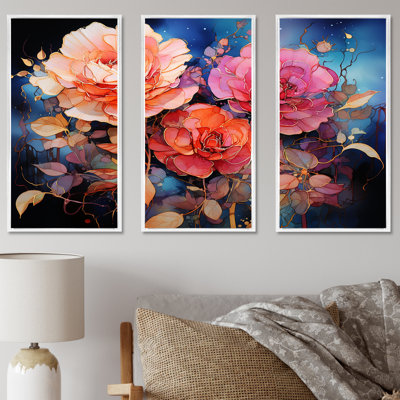Ensemble d'art mural Coral Roses Gilded Opulence I - Roses