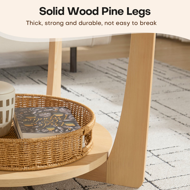 Natural Solid Pine Wood Round Coffee Table with 2-Tier Storage