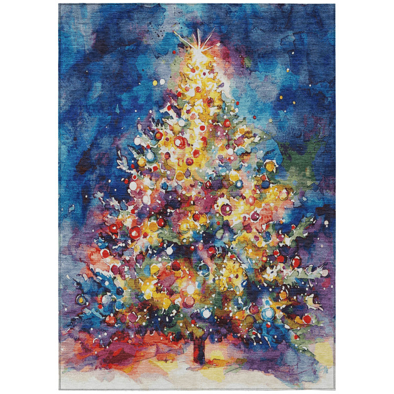 Machine Washable Indoor/Outdoor Christmas Tree Xhevrie Navy Rug, Rectangle 8' x 10'
