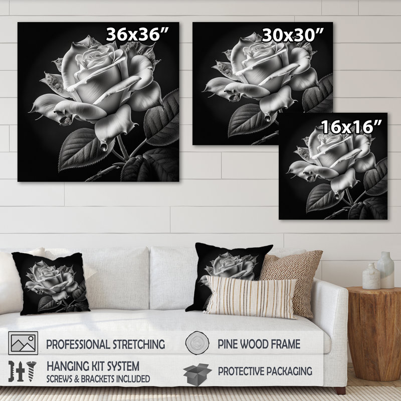 «Blossoming White Rose On Black II», art mural rose, H 16 po x l 16 po x P 1 po, Toile tendue