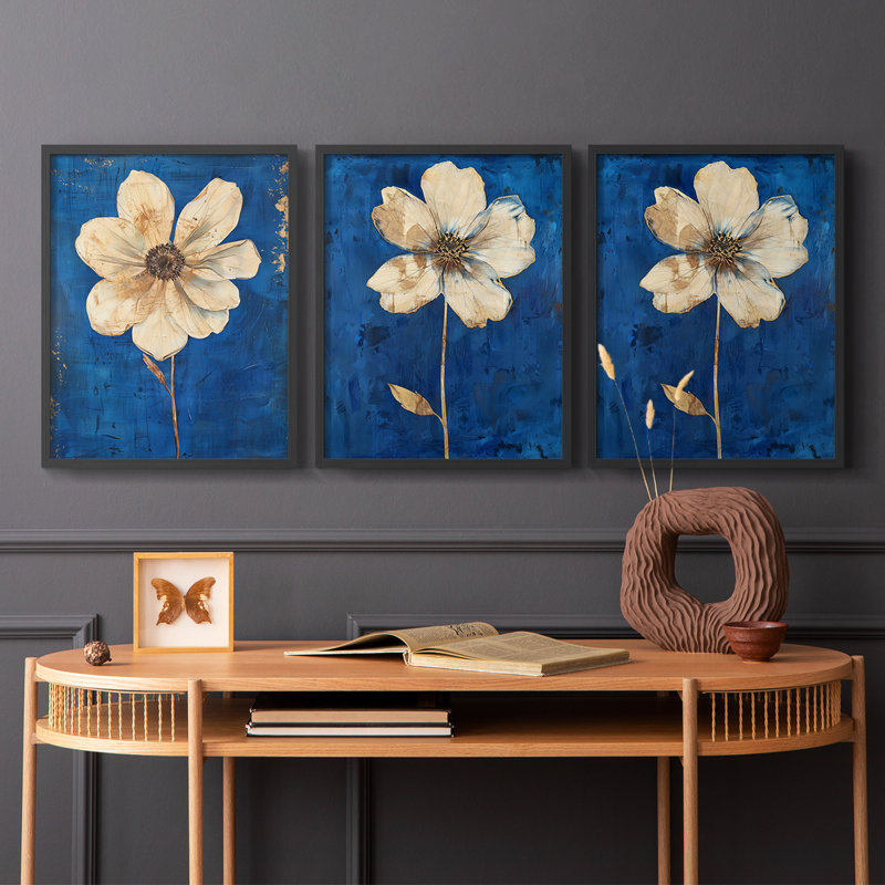 Étude florale, série XXII, ensemble de 3 estampes numériques, prêt à accrocher, Noir, noir, noir, noir, H 28 po x l 22 po