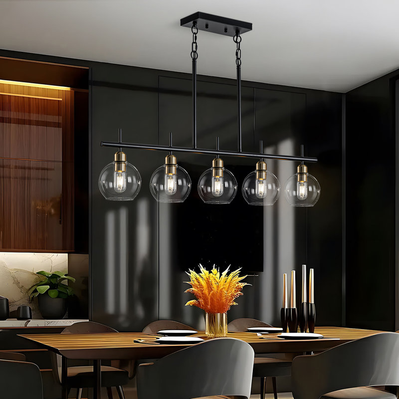 Aaziyah 5-light Modern Kitchen Island Linear Pendant Light With Clear Globe Glass Shades, Gold/Matte Black
