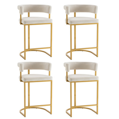 26 Inch Velvet Upholstered Counter Stool With Barrel Backrest, Upholstered Seat, And Gold Metal Frame