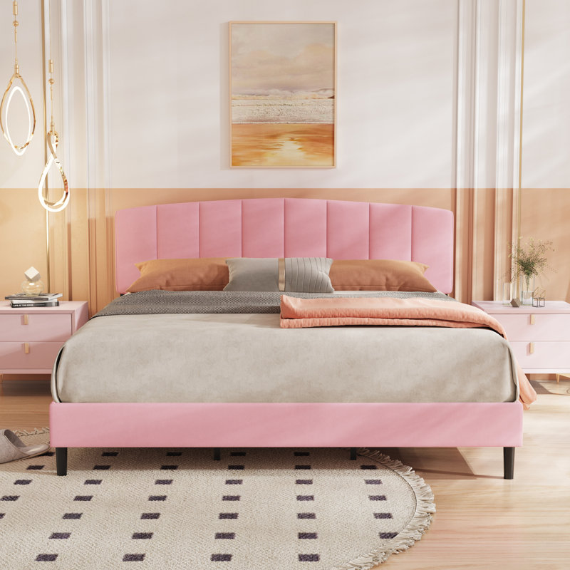Lit plateforme tapissier, Rose, Très grand
