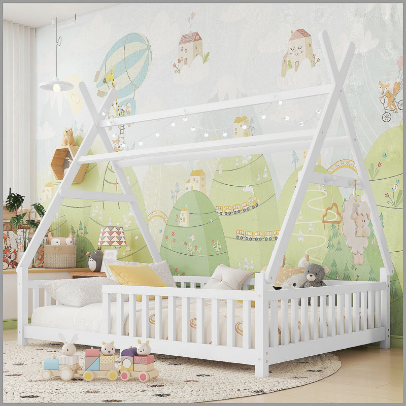 Lit double avec lumière et lit surélevé avec clôture et toit pour enfants, garçons, blanc