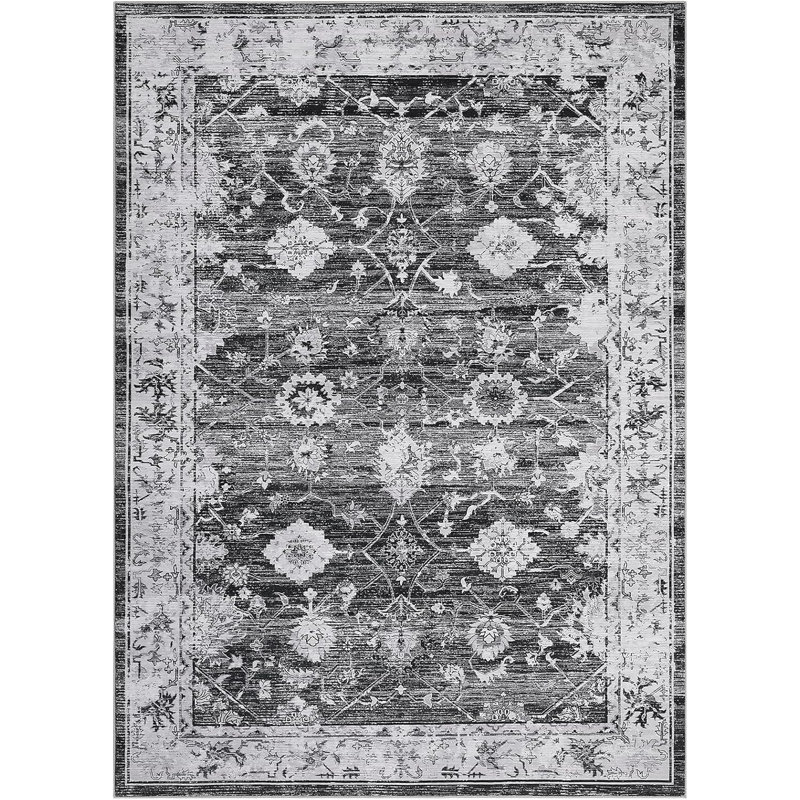 Vintage Floral  Area Rug, Green and Red Washable Distressed Foldable Low Pile  Soft Non-Slip Rug, Non-Shedding Stain Resistant Floor Cover for Living Room, Bedroom,Playroom
