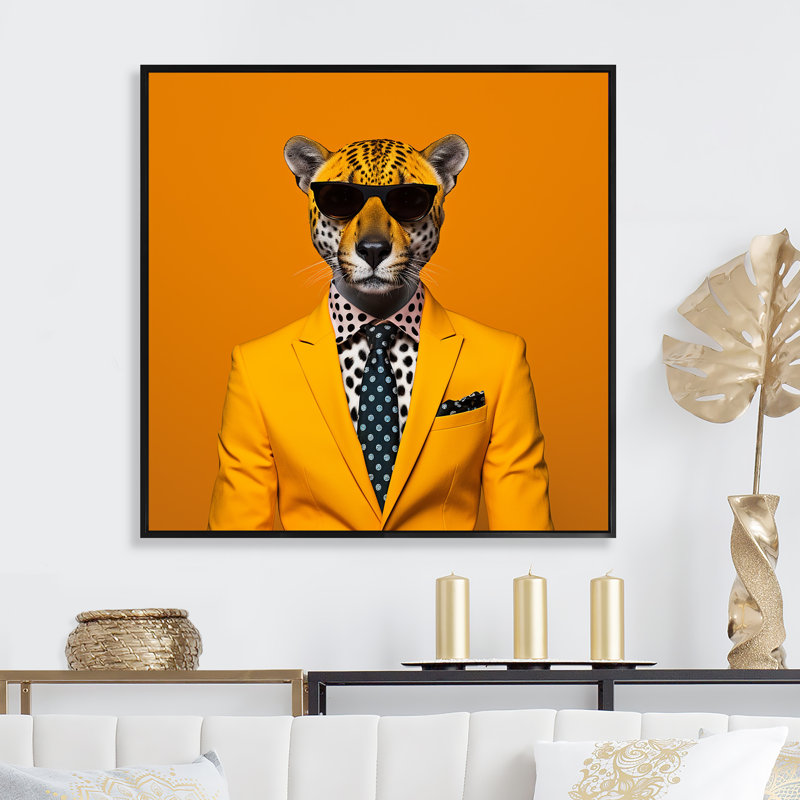 Art mural jaune avec guépard jaune, Cadre flottant noir, H 36 po x l 36 po x P 1,5 po