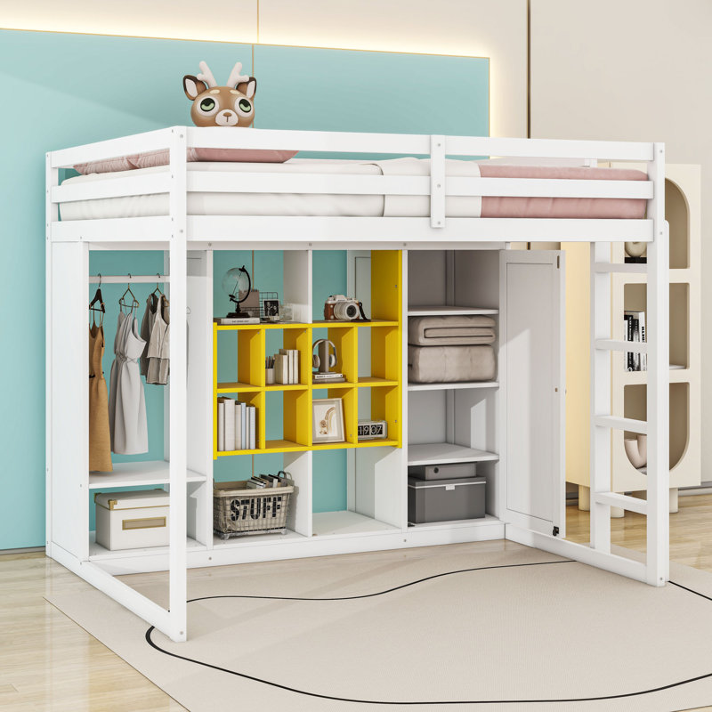Lit mezzanine avec garde-robe, tablettes et armoire, Complète, Blanc / jaune