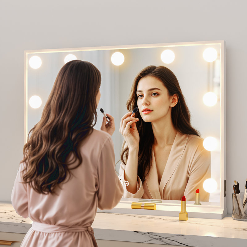 Haut-parleurs de miroir en métal 32 po x 32 po avec haut-parleurs intégrés Bluetooth, miroirs de maquillage pour coiffeuse Hollywood avec 11 ampoules à DEL RVB, port de charge USB, support pour téléphone, porte-rouges à lèvres