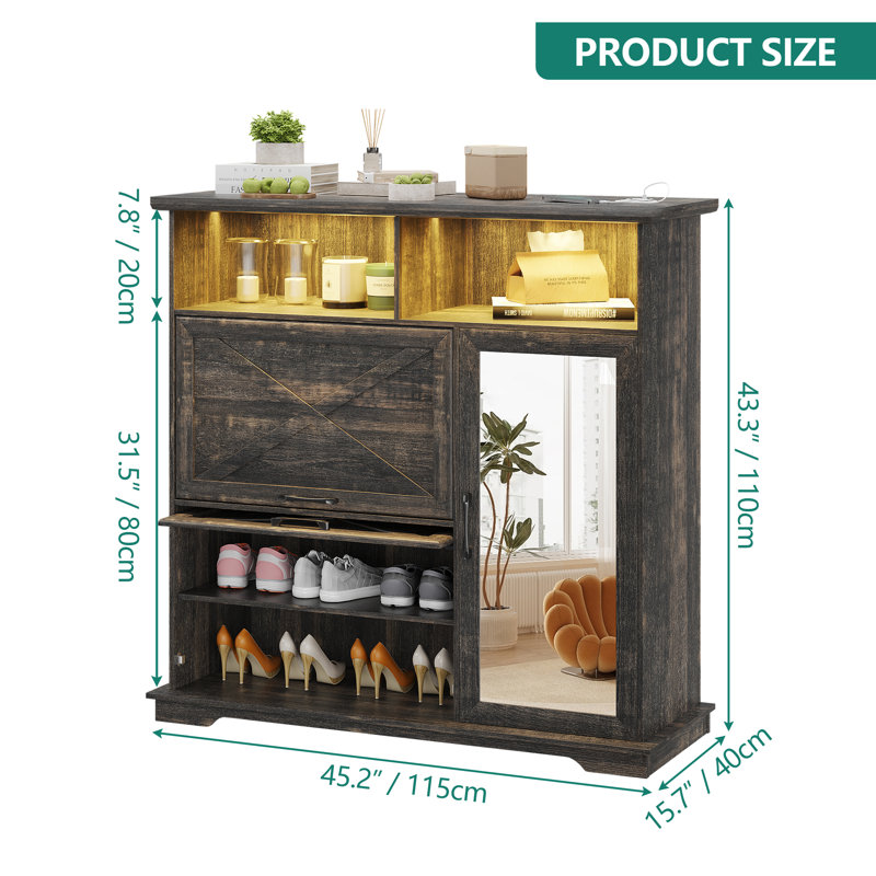 16 Pair Shoes Storage Cabinet, Entryway Shoe Cabinet with LED Light and Mirror, Retro Brown