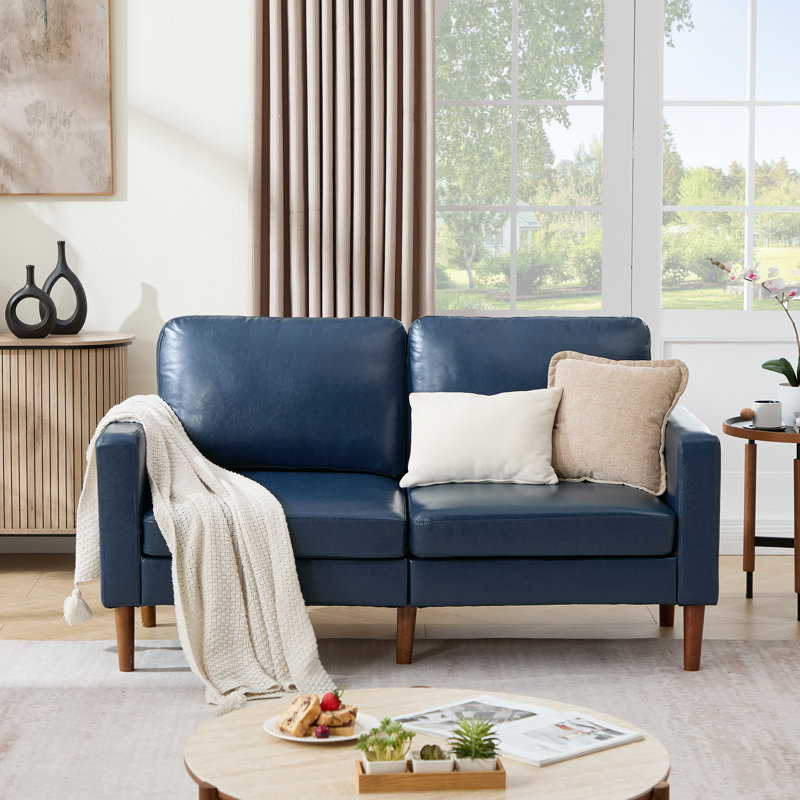 65" Faux Leather  Classic Loveseat Mid-Century Modern Sofa, Royal Blue Faux Leather