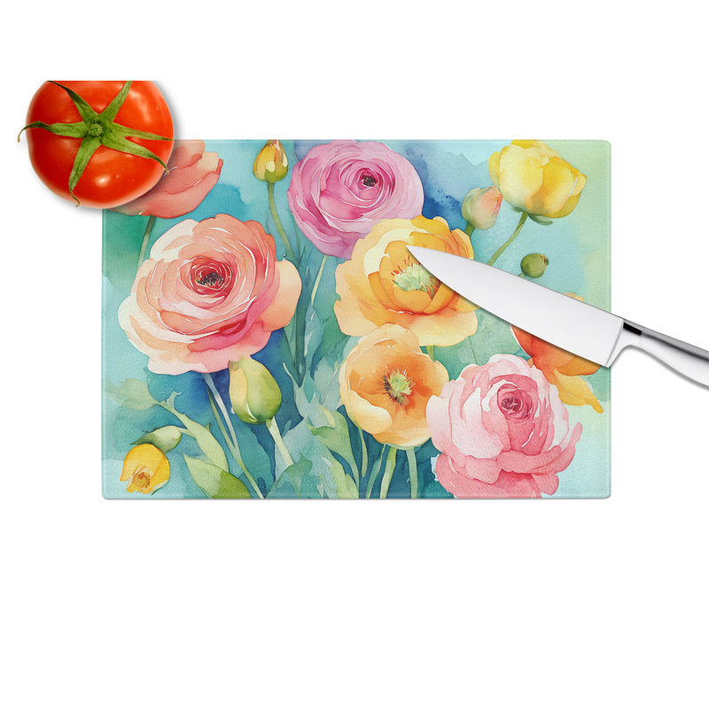Ranunculus in Watercolor Glass Cutting Board Large