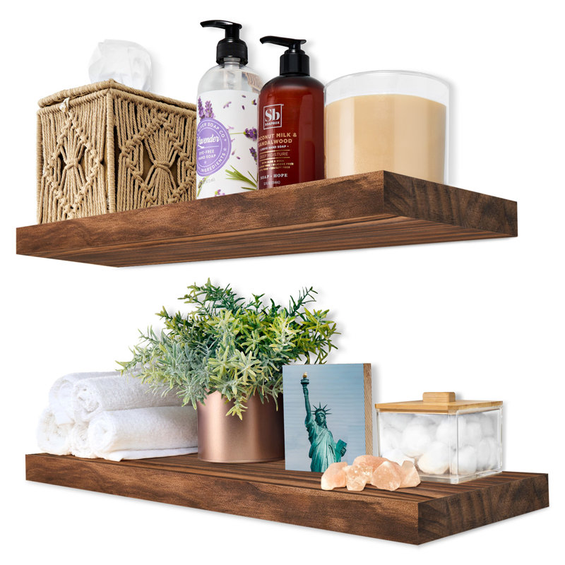 Sorbus Wood Floating Shelves for Wall - Long 16” Solid Wood Wall Shelves for Bathroom Decor, Books, Bedroom & Living Room - Set of 2, Walnut
