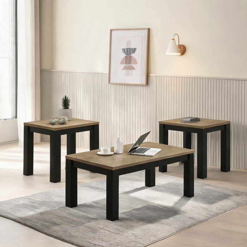 Rectangular Cocktail Table Set with Two End Tables, Wooden Brown and Classic Black Finish, Easy Assembly