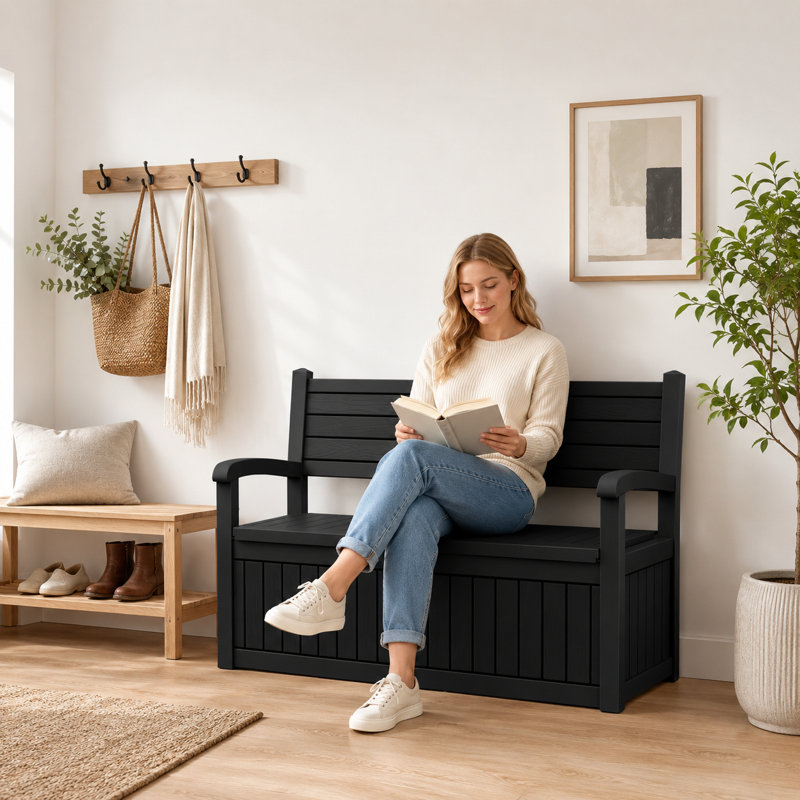 Banc de rangement extérieur 70 gallons, coffre de terrasse en résine résistant aux intempéries avec aspect rotin, capacité de 500 lb, verrouillable, 2 à 3 personnes