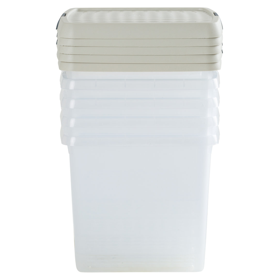 Wham Clip 5 x 14L Square Stackable Plastic Storage Boxes with Lids | Ideal for Home, Office, Toys & More | Storage Containers with Clip Locks | Made in UK - Clear/Stone - Image 3