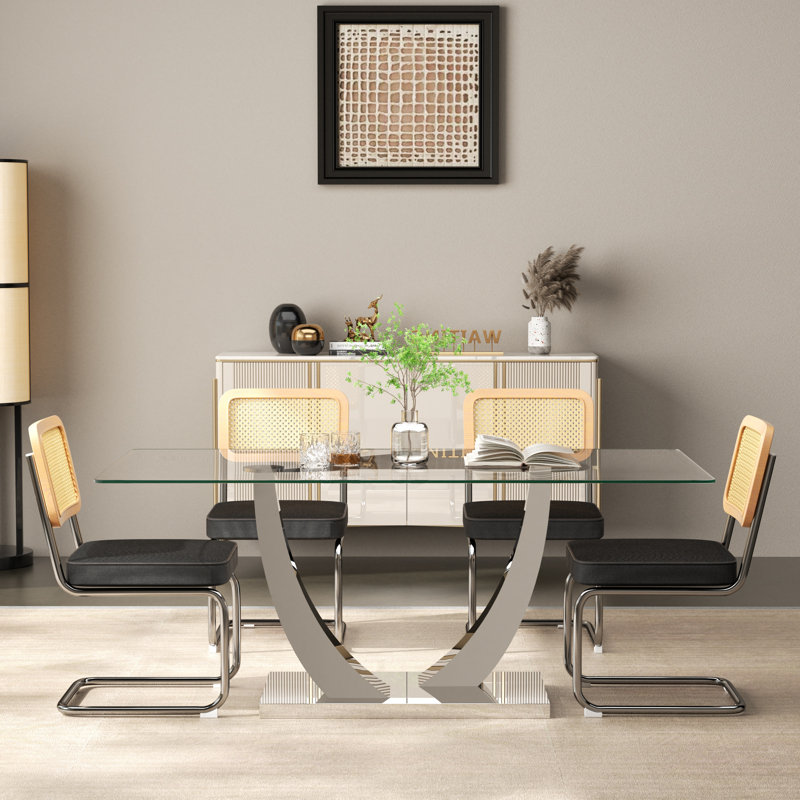 Ensemble de table de salle à manger en verre à piédestal pour 4 à 6 personnes, 5, Noir