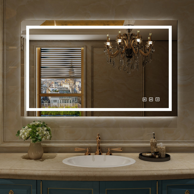 Led Bathroom Mirror, Dimmable Vanity Mirrors For Wall, Anti-fog, 3 Colors Adjustable, Memory, Double Led Lights ( Front And Backlit ) Durable Tempered Material
