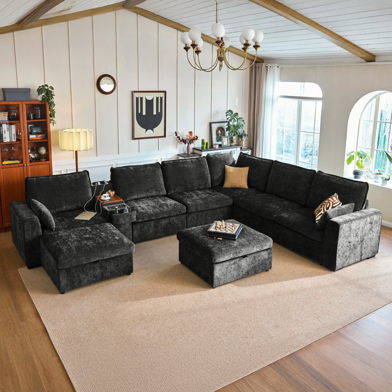 Ensemble de canapé modulaire surdimensionné en U à 8 places en chenille avec console polyvalente, table d'appoint avec porte-gobelet