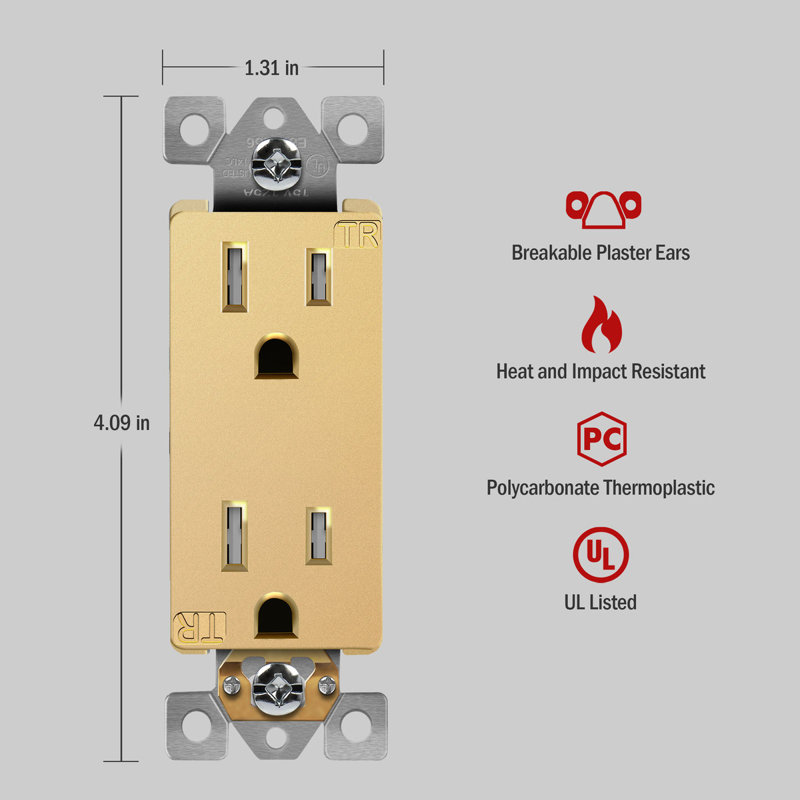Réceptacle rectangle à mise à la terre résidentiel de style 15A de Enerlite - doré, Or