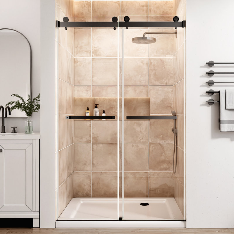 44-48 " W X 76 " H Double Sliding Frameless Shower Door 5/16" Tempered Glass with Explosion-Proof Film, Stainless Steel Hardware, Matte Black