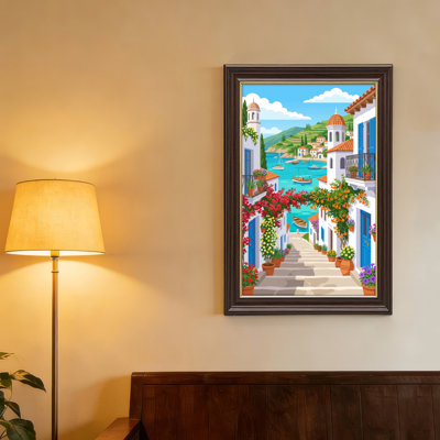 Art mural antique sur toile encadré doré pour le salon, la chambre à coucher, le bureau ou le vestibule - décoration murale décorative avec village méditerranéen
