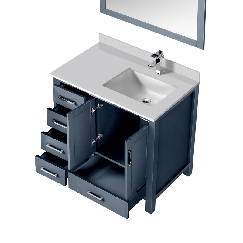 Meuble-lavabo de salle de bain 36 po X P 22 po D, dessus en quartz décalé à droite, ensemble de robinet et Miroirs