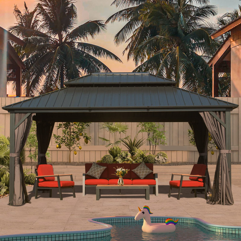 Galvanized Steel Patio Gazebo with Overhang Slope-design Double Roof, 10 ft x 12 ft, Gray