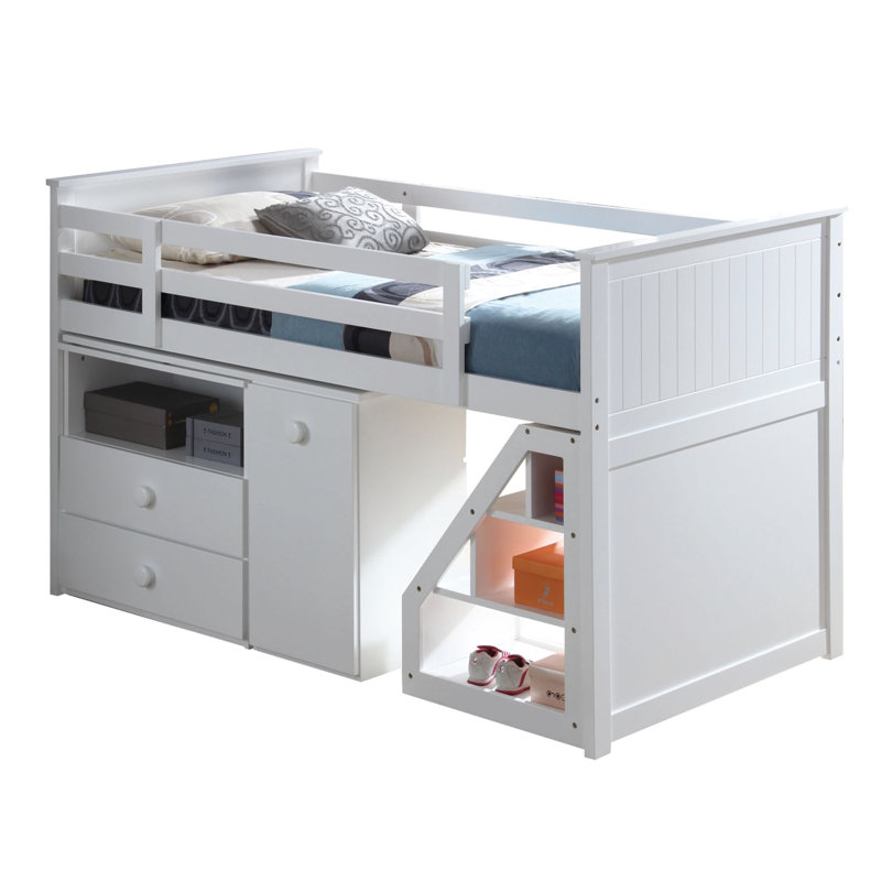 Lit mezzanine simple élégant avec finition blanche avec bureau polyvalent et coffre de rangement amovible à l'avant