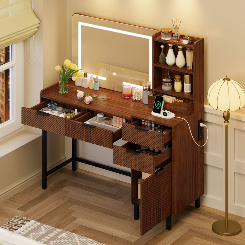 45.3’’L Modern Style Vanity Desk With Mirror, LED Lights And Power Outlet, Bedroom Makeup Vanity Table With Storage Cabinet And 4 Drawers
