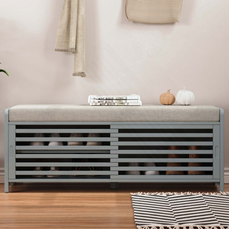 Shoe Bench With Storage And Cushion, Distressed Shutter Storage Bench With Retro Charm For Living Room, Entryway, Gray