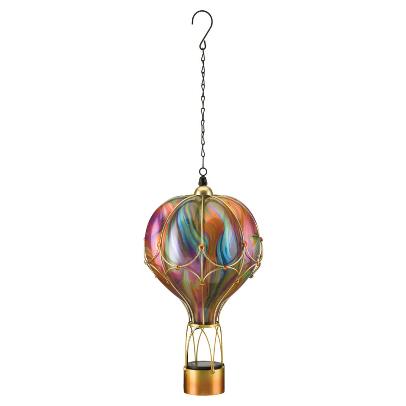24" Hanging Swirl Balloon Solar Lantern with Glass Panels and Metal Frame - Orange, Orange