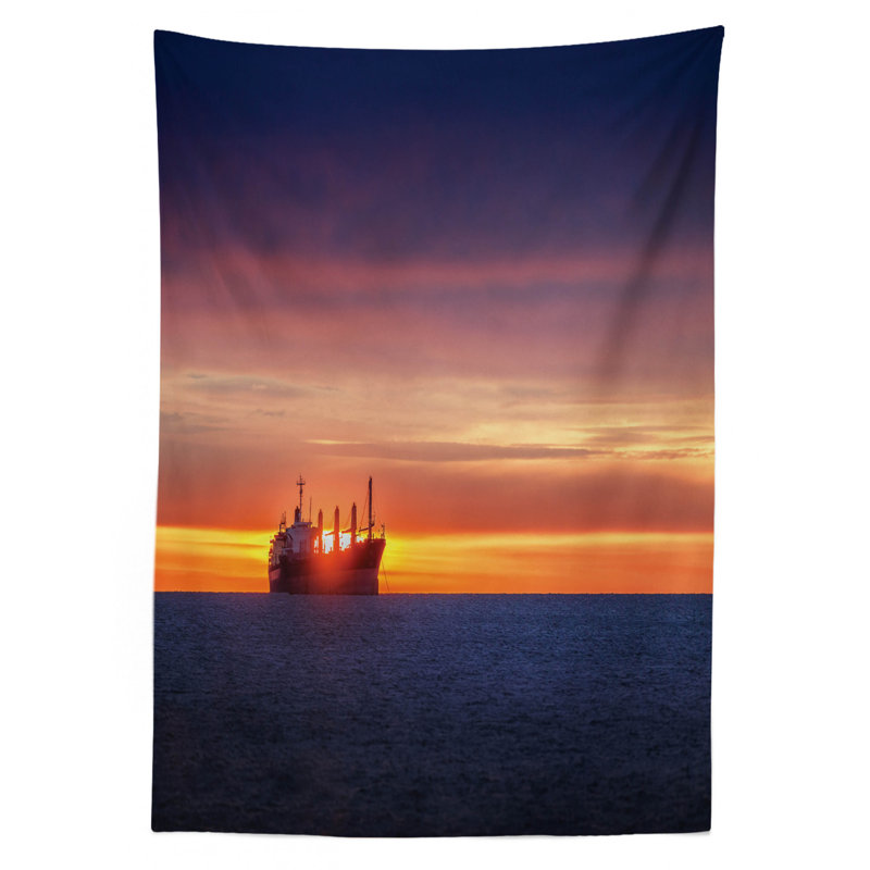 Ambesonne Nautical Tablecloth, Sunrise Horizon On The Sea With Sailing Logistic Cargo Ship Nautical Destination, Rectangular Table Cover For Dining Room Kitchen Decor, 60" X 84", Blue Orange