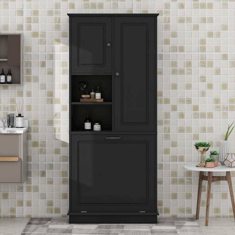 Grande armoire de rangement avec tablettes réglables, grand panier rabattable et armoires fermées, Noir