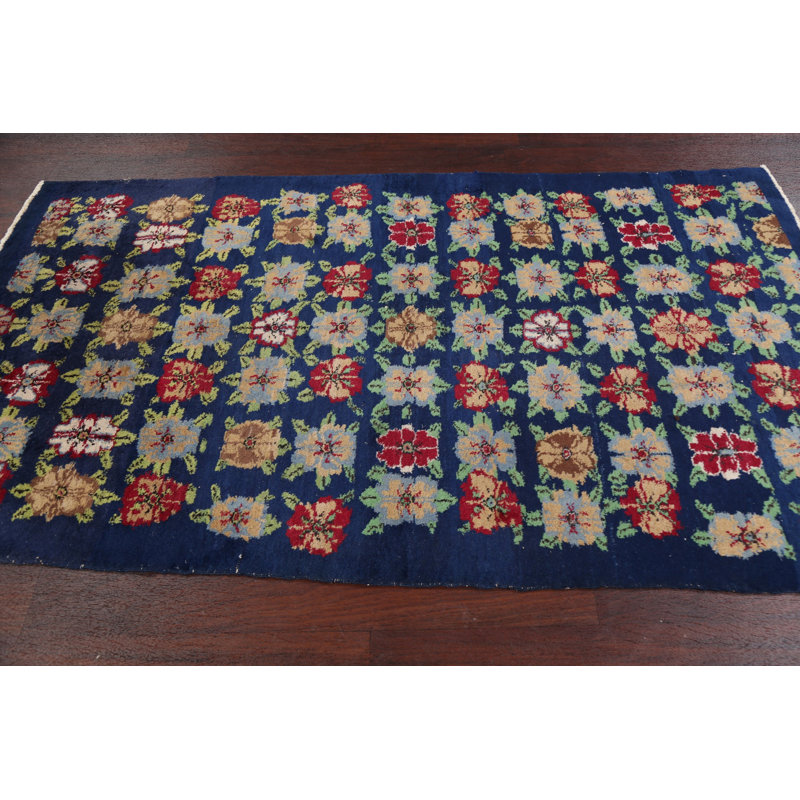Tapis bleu marine en laine noué à la main de conception unique 3 pi 11 po x 6 pi 11 po Aava New Age