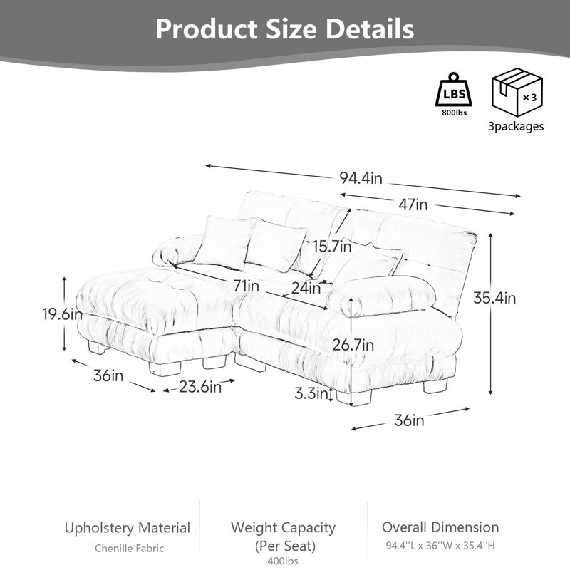 Canapé modulaire en L avec repose-pieds en L avec repose-pieds, canapé en chenille 2 places pour le salon, comprend 2 coussins lombaires et 2 coussins décoratifs, accoudoirs rembourrés