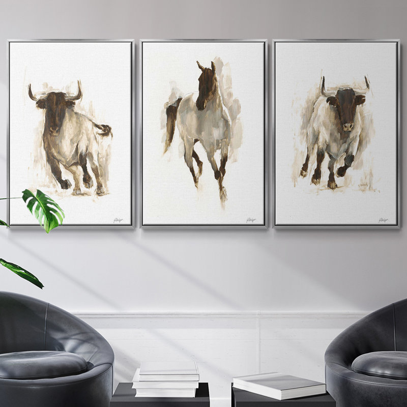 " Rustic Bull II " 3 - Pieces, Silver, 36" H x 72" W