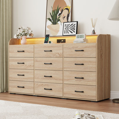 63" Wide Modern 12-Drawer Dresser With Led Light And Power Outlet, Large Storage Chest With Metal Handles For Bedroom Or Living Room