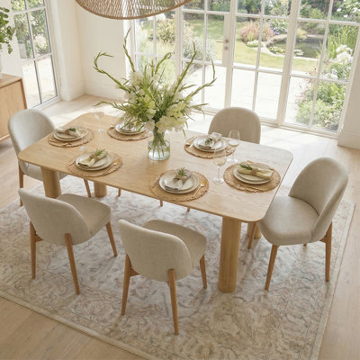 7-Piece Rectangular Solid Wood Dining Set with 6 Linen Chairs