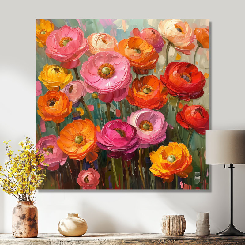 Rose, orange, renoncule, été, pré II - renoncule, art mural, Métal métal, 30" H x 30" W