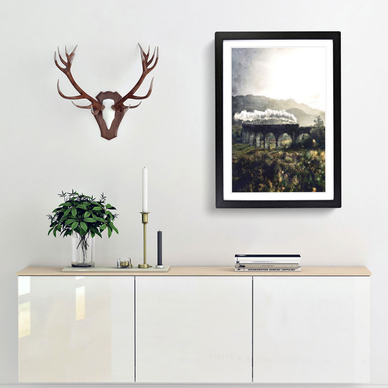 Steam Train over Glenfinnan Viaduct - Picture Frame Painting Print, 63cm H x 45cm W x 2cm D, Black Framed