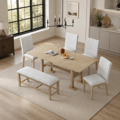 Farmhouse 6-Piece Extendable Dining Set with Solid Wood Frame, Upholstered Chairs, and Bench, Natural and Light Gray